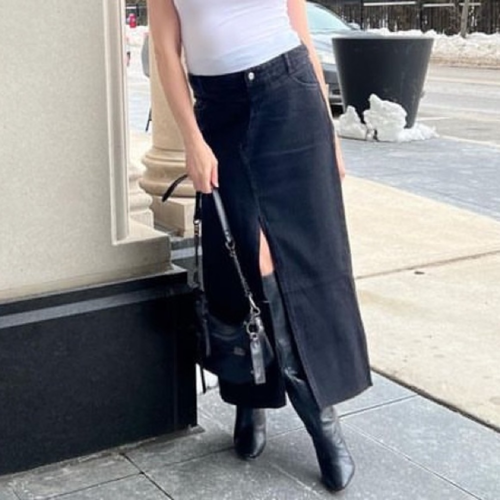 Maternity maxi denim skirt with slit and adjustable waist band